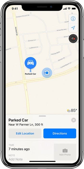 Can’t remember where you parked? Activate the parking mode on your favorite map app (like Google Maps, pictured here) to help find your vehicle later on.