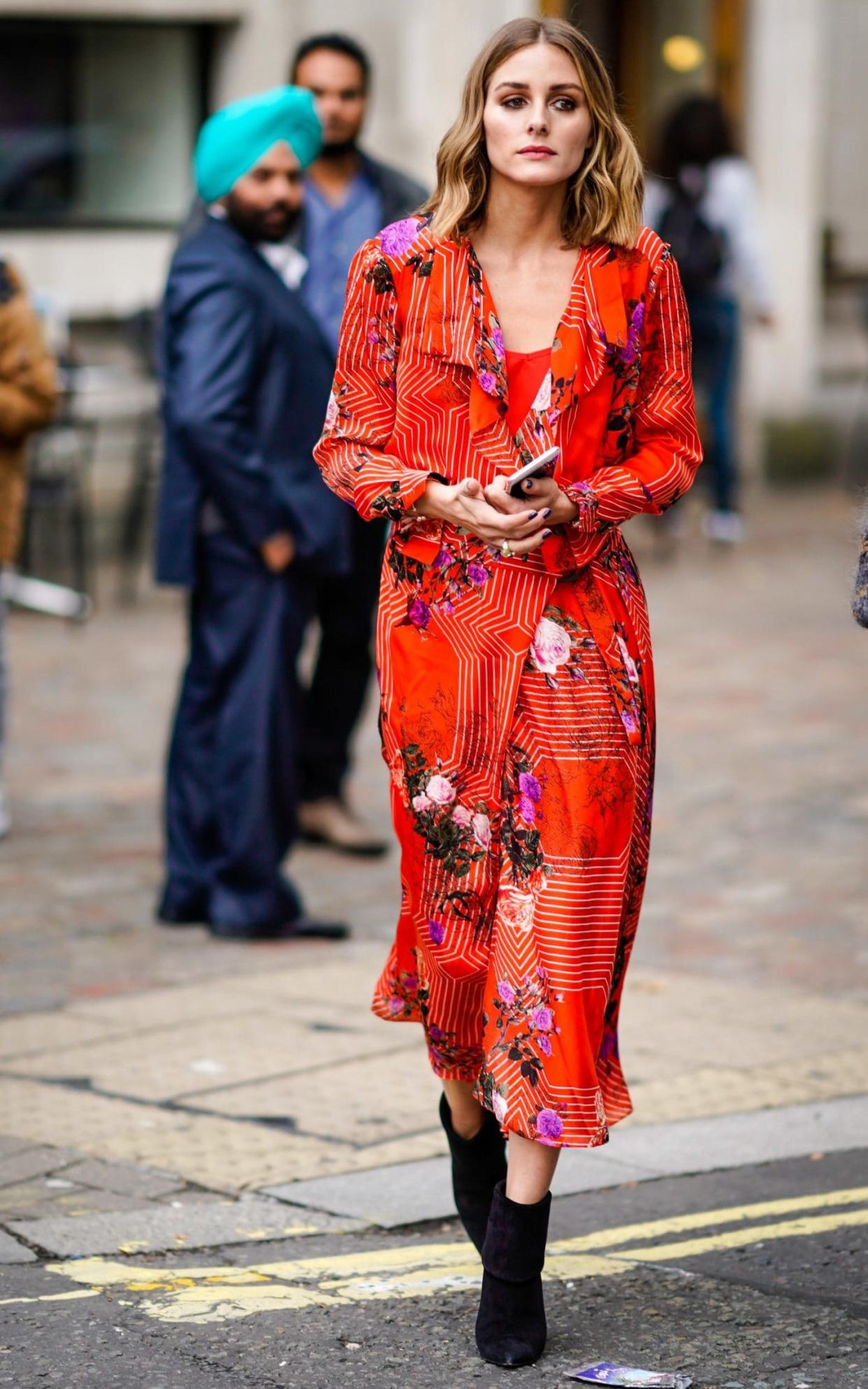 Olivia Palermo wearing a printed midi dress from the impending Preen by Thornton Bregazzi X L.K.Bennett collection  - Getty Images Europe