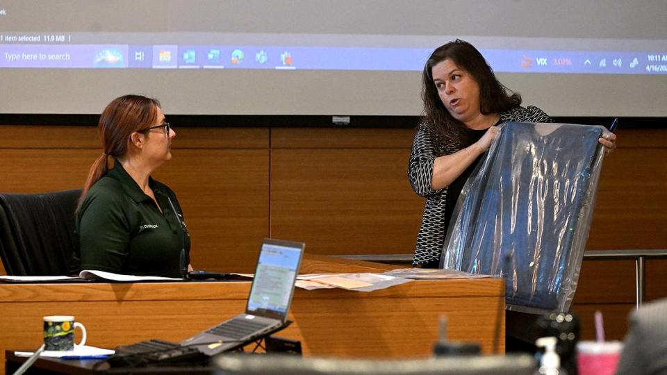 While Manatee County Sheriff’s Office crime scene technician Meghan Dvorack testifies, Assistant Distict Attorney Rebecca Freel asks if she remembers this shirt worn by shooting victim Timothy Andricks. Nicholas Koontz, 23, is on trial for murder after allegedly shooting Andricks, 31, who was found lying in the road with multiple gunshot wounds on Oct. 12, 2021.