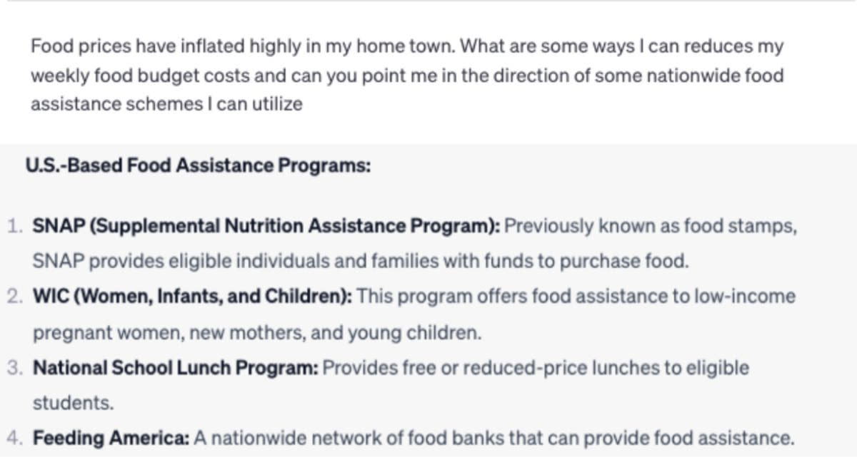 Screenshot of question asked to ChatGPT, 'U.S. nationwide food assistance programs'