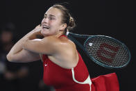 Aryna Sabalenka of Belarus plays a backhand return to Coco Gauff of the U.S. during their semifinal match at the Australian Open tennis championships at Melbourne Park, Melbourne, Australia, Thursday, Jan. 25, 2024. (AP Photo/Asanka Brendon Ratnayake)