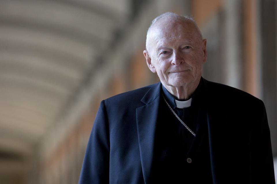 FILE - In this Feb. 13, 2013 file photo, Cardinal Theodore Edgar McCarrick poses during an interview with the Associated Press, in Rome. Email correspondence shows disgraced ex-Cardinal Theodore McCarrick was placed under Vatican travel restrictions in 2008 for sleeping with seminarians, but regularly flouted those rules with the apparent knowledge of Vatican officials under Pope Benedict XVI and Pope Francis. Francis defrocked McCarrick in February after a church investigation confirmed that McCarrick sexually abused minors and adults. (AP Photo/Andrew Medichini, File)