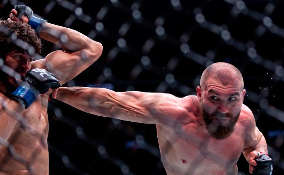 Ion Cutelaba from Moldova fights against Philipe Lins of Brazil during their light heavyweight title match during the UFC 299 event at the Kaseya Center on Saturday, March 9, 2024, in downtown Miami, Fla.