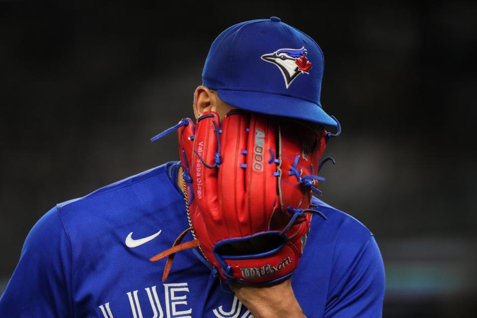 Toronto Blue Jays starting pitcher Jose Berrios leaves during the sixth inning of the team's baseball game against the New York Yankees on Thursday, Sept. 21, 2023, in New York. (AP Photo/Frank Franklin II)