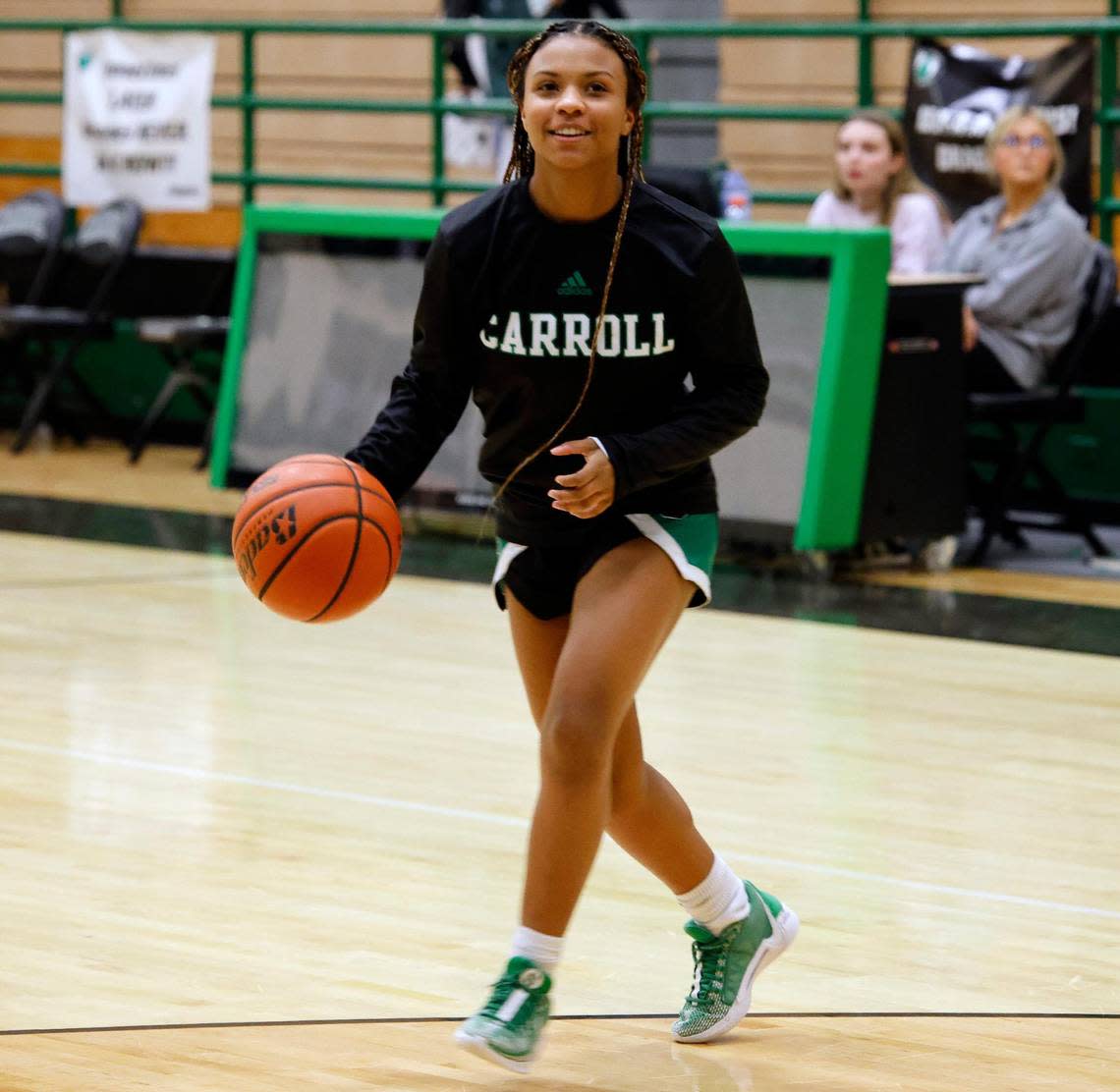 Nadia Jordan drives to the paint during basketball practice at Southlake Sr. High School in Southlake, Texas, Tuesday, Feb. 06, 2024. Bob Booth/Special to the Star-Telegram