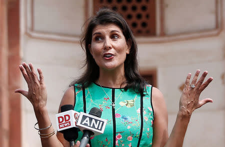 U.S. Ambassador to the United Nations Nikki Haley gestures as she addresses the media during her visit to Humayun's Tomb in New Delhi, India, June 27, 2018. REUTERS/Adnan Abidi