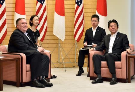 US Secretary of State Mike Pompeo (L) meets with Japan's Prime Minister Shinzo Abe (R) at Abe's official residence in Tokyo on July 8, 2018. Kazuhiro Nogi/Pool via Reuters