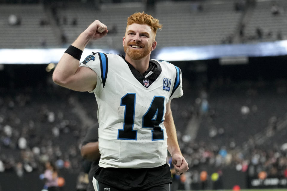 Carolina Panthers quarterback Andy Dalton celebrates after their win against the Las Vegas Raiders in an NFL football game, Sunday, Sept. 22, 2024, in Las Vegas. (AP Photo/John Locher)