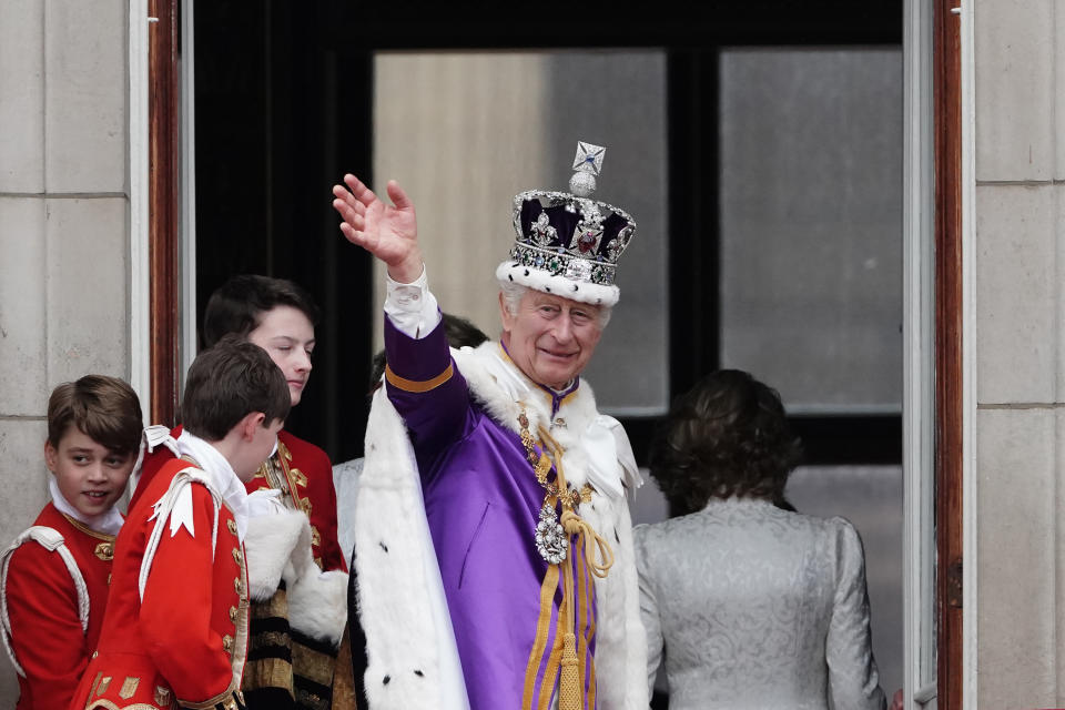 King Charles III and Prince George (far left) on the balcony of Buckingham Palace, London, following the coronation. Picture date: Saturday May 6, 2023. (Photo by Jordan Pettitt/PA Images via Getty Images)