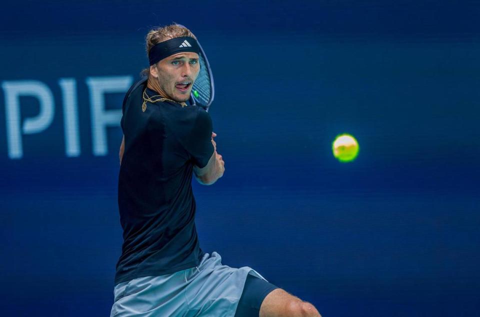 Alexander Zverev (4), of Germany returns against Fábián Marozsán, of Hungary during the men’s single quarter finals at the Miami Open tennis tournament, on Thursday, March 28, 2024.