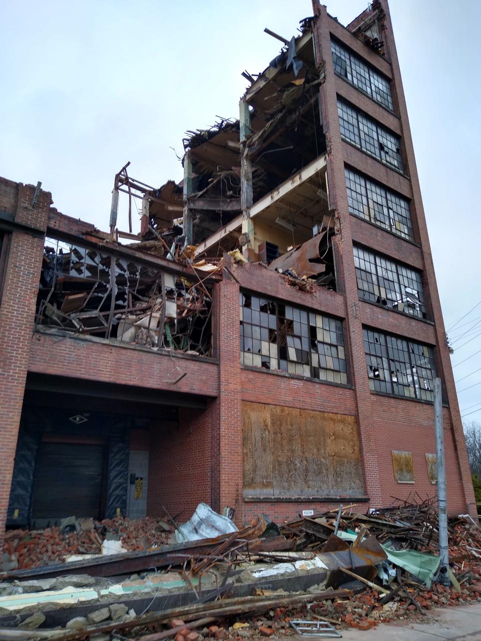 The northern corner of the former Goodyear Tire & Rubber Co. mixing center still stands Saturday, Jan. 27, 2024, at River and Johnston streets in Akron.