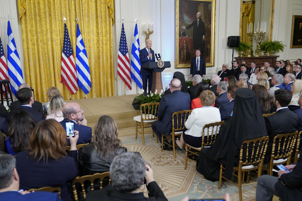 President Joe Biden speaks during a reception in the East Room of the White House in Washington, Wednesday, March 29, 2023, celebrating Greek Independence Day. (AP Photo/Susan Walsh)