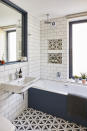 <p> These mind-bending cool hexagonal tiles look almost circular in this bathroom, contrasting with the sharp edges of the subway tiles and bath – but it's the way they've been taken up the walls and used to highlight the alcoves that we're really impressed by. Not only is this a great bathroom idea to pull together a scheme, but it also adds an extra splash of pattern to the space. Not blessed with handy inset shelves like these? Try reflecting your floor tiles in a backsplash above the sink or on a windowsill. </p>