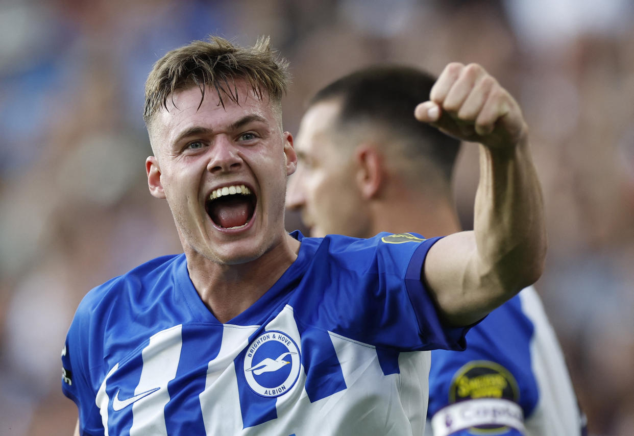 Brighton forward Evan Ferguson celebrates scoring against Newcastle in the English Premier League. 