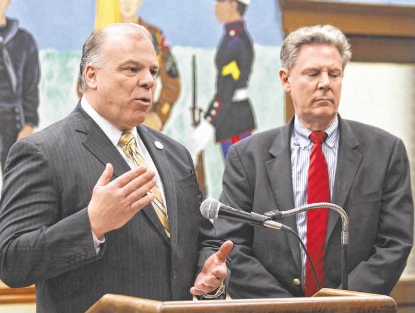 State Senate President Stephen M. Sweeney (left) begins his Sandy Bill of Rights Tour on Wednesday, Feb. 19, 2014, in Perth Amboy. With Sweeney is Rep. Frank J. Pallone Jr., who also spoke at the City Hall event.