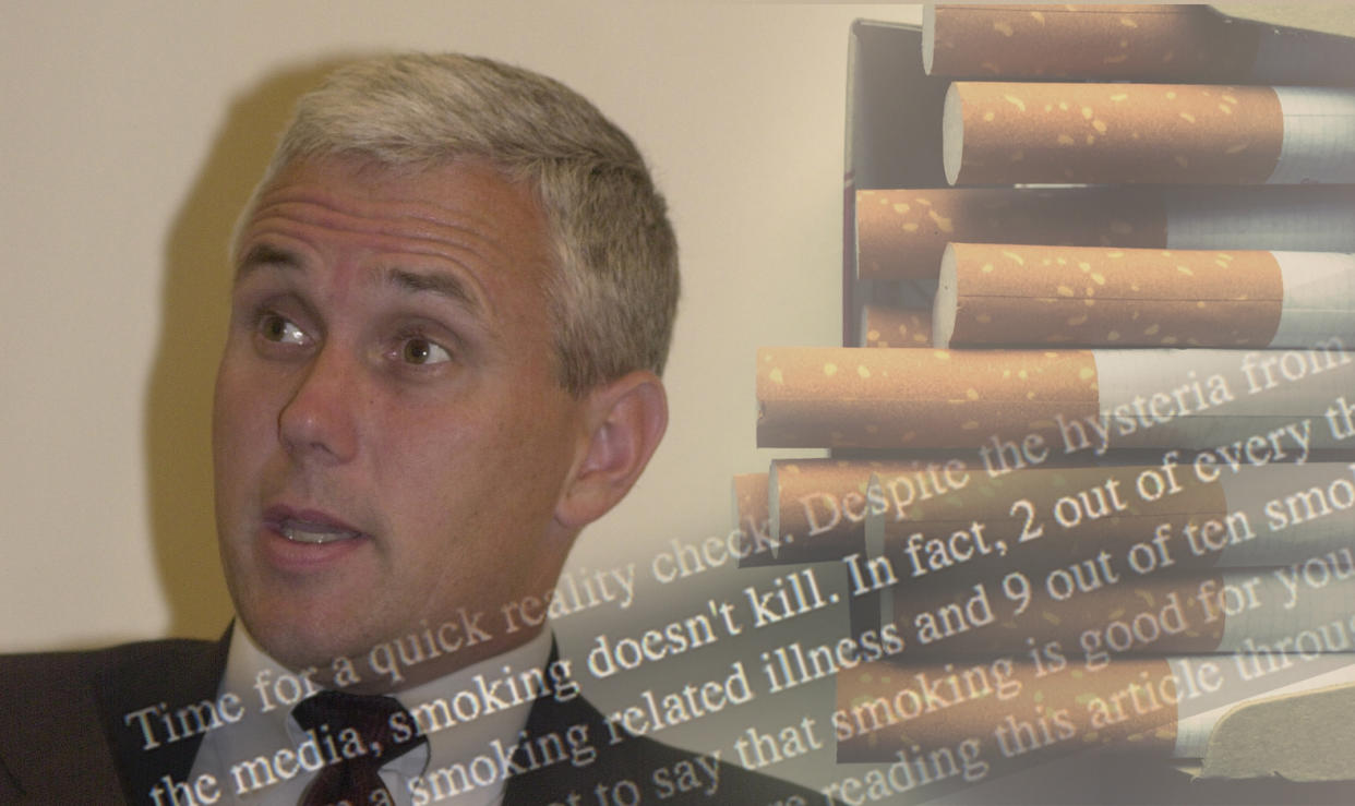 Mike Pence in 2000 and part of his statement from his 2000 campaign website regarding cigarette smoking. (Photo illustration: Yahoo News, photos: Tom Williams/Roll Call/Getty Images, Getty Images)