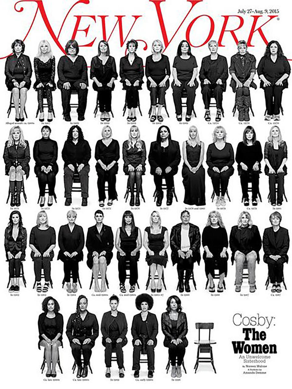 More than 30 women have accused American comedy icon&nbsp;Bill Cosby of sexual assault, and New York Magazine's powerful cover photo gave a haunting reminder that there are likely more. On a&nbsp;July, 2016 cover, 35 of his accusers stare back at the reader -- with one empty chair remaining&nbsp;unfilled.