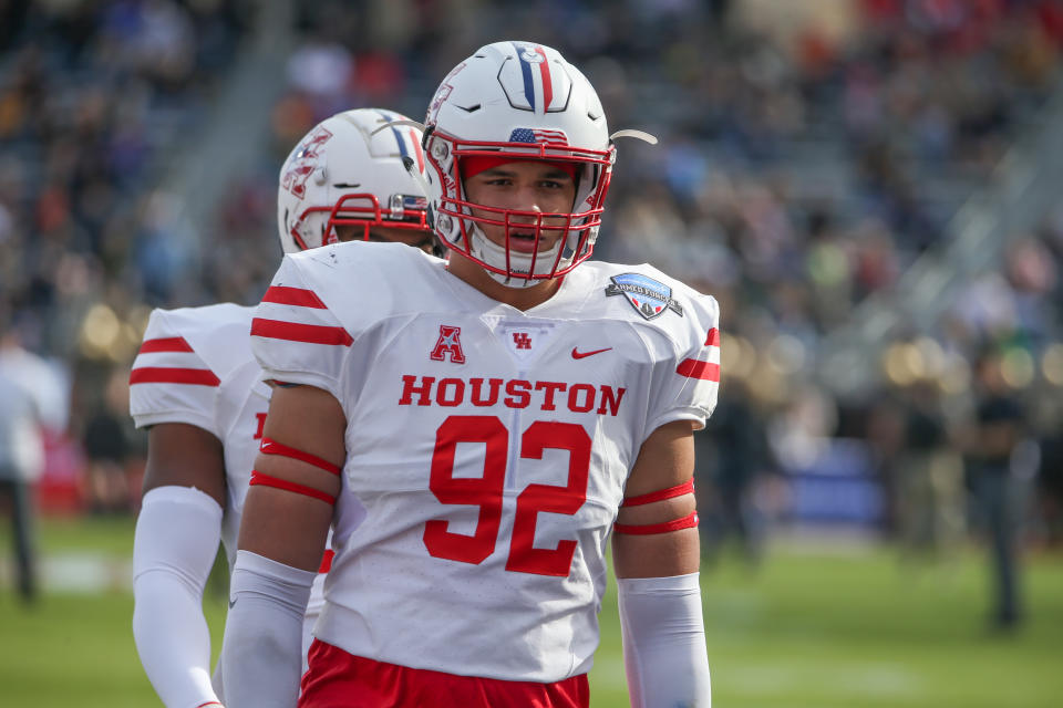 Houston DL Logan Hall (92) has great length and turned in a nice Senior Bowl week. (Photo by George Walker/Icon Sportswire via Getty Images)