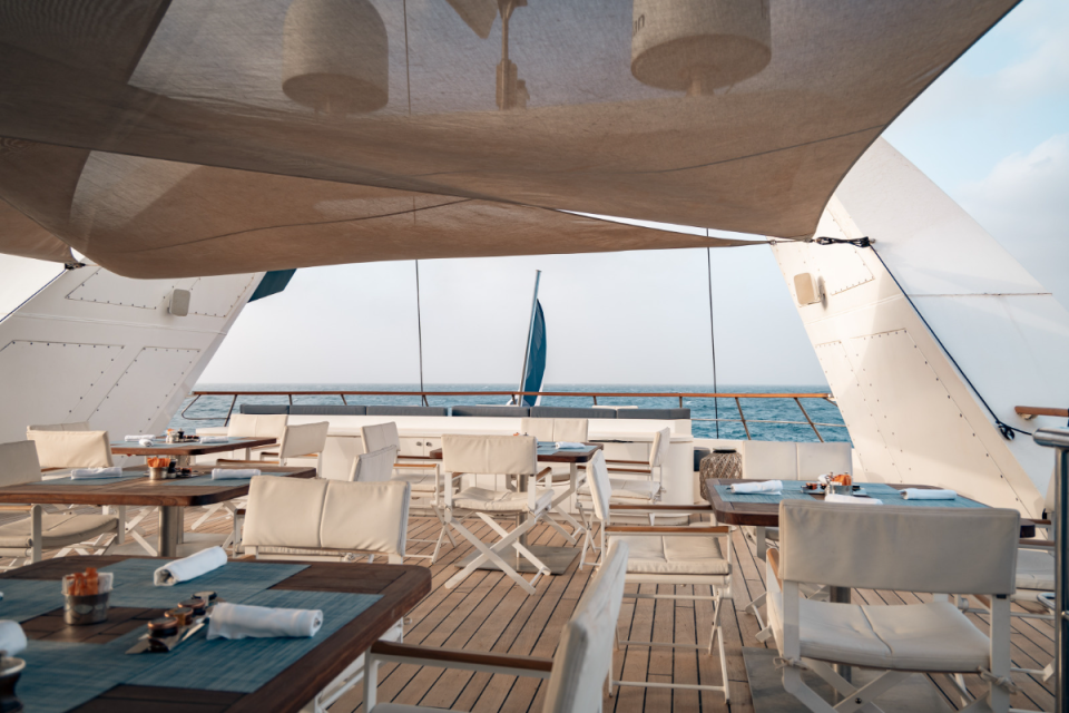 Adam had lunch out on the deck, where there is teak decking, unusual for a publically bookable ship