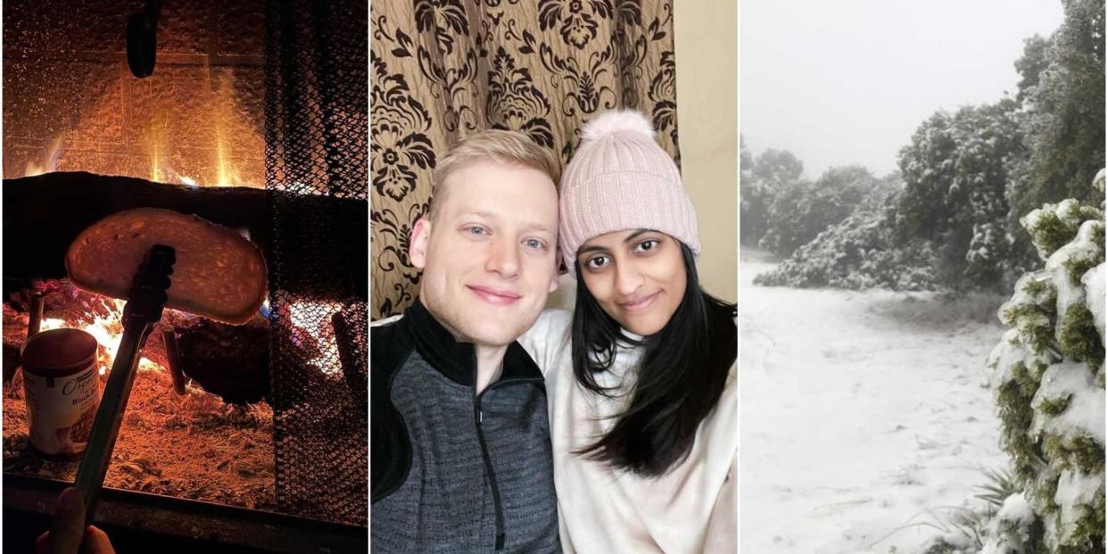 Rikta Patel and Connor Crawford (center), with their fireplace, left, and snow outside, right.