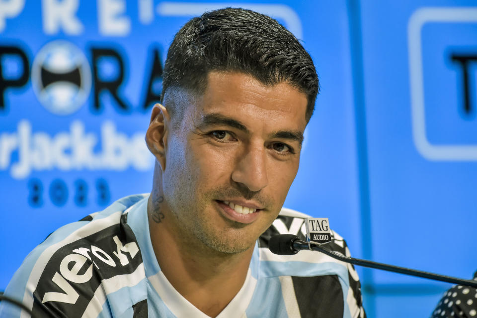 Uruguayan player Luis Suarez speaks during a press conference after his presentation as Gremio´s new player during an event at the Gremio Arena stadium, in Porto Alegre, Brazil, Tuesday, April 26, 2023. (AP Photo/Wesley Santos)