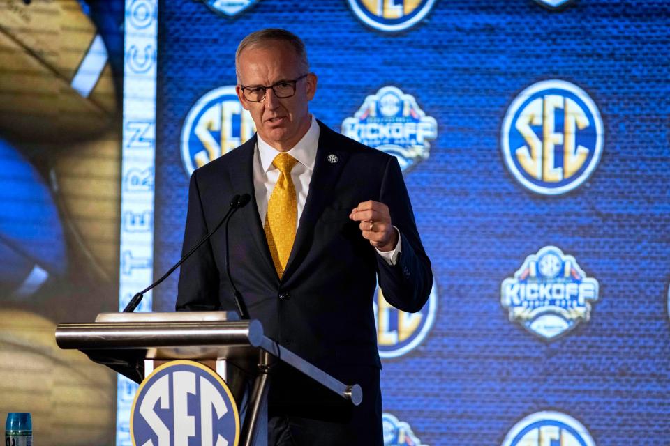 SEC commissioner Greg Sankey talks with the media last week in Hoover, Alabama.