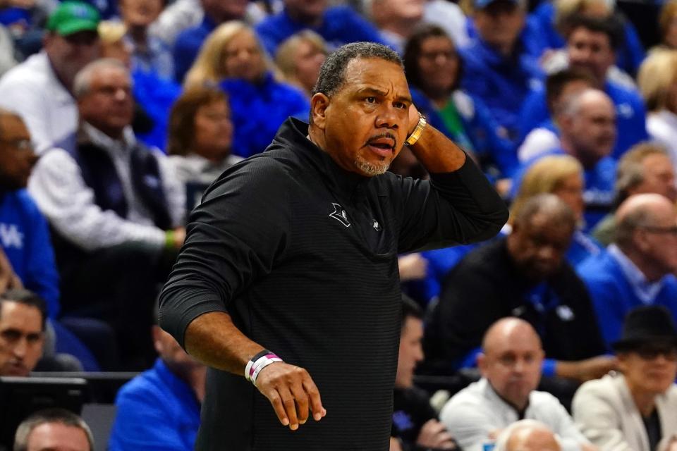 Providence coach Ed Cooley reacts during the first half of his team's NCAA men's tournament game against Kentucky at Greensboro Coliseum.