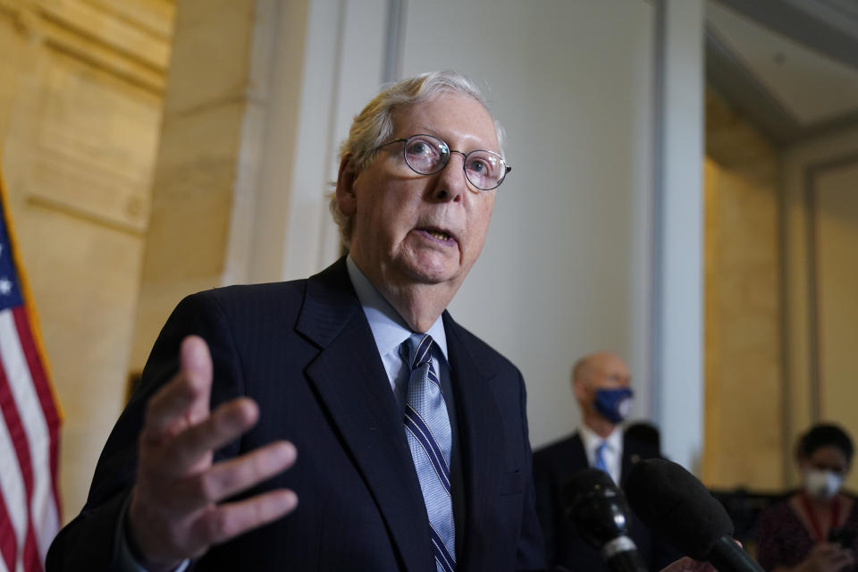 Senate Minority Leader Mitch McConnell, R-Ky., on Capitol Hill in Washington, Tuesday, April 20, 2021. (AP Photo/J. Scott Applewhite)