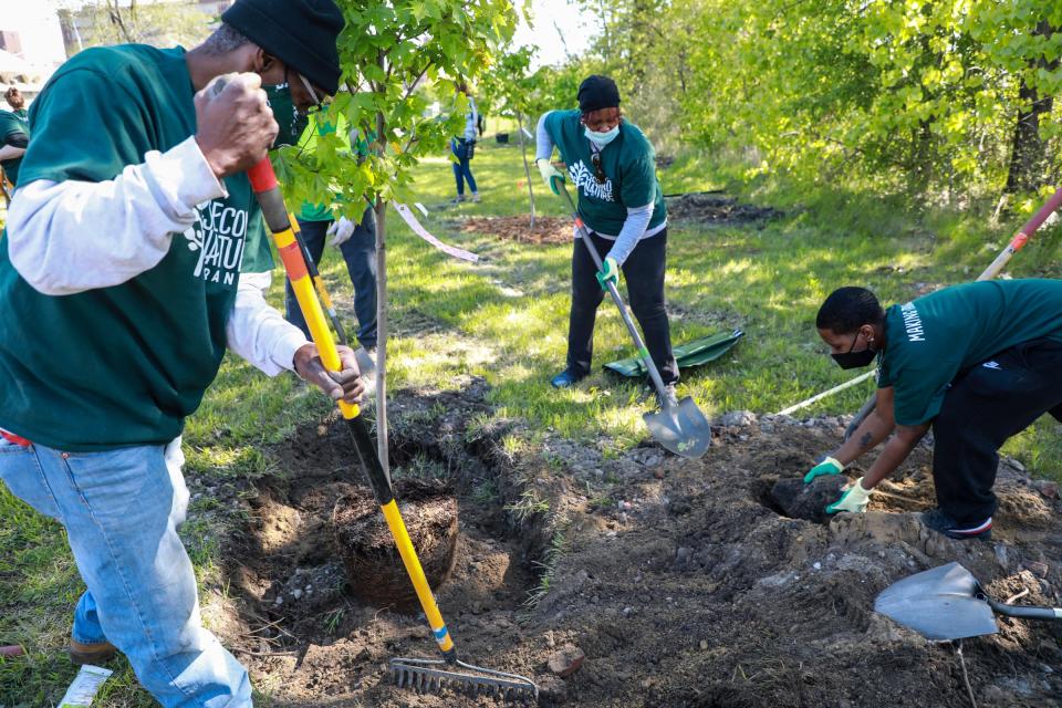 Volunteers plant trees during the kickoff event for Second Nature Brands' worldwide initiative to plant 1 million trees by planting over a dozen at Detroit's Black Bottom Park on May 14. The initiative is a partnership with nonprofit organizations ReLeaf Michigan, One Tree Planted and Vanguard Community Development.