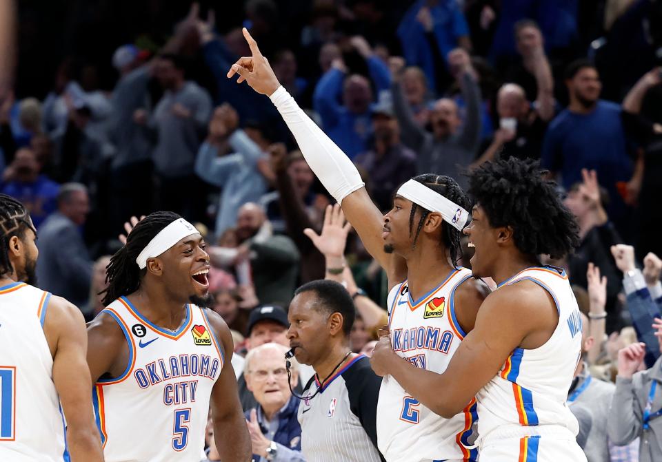 Oklahoma City Thunder guard Shai Gilgeous-Alexander (2) celebrates with his team after hitting the game winning shot against the Portland Trail Blazers during the second half at Paycom Center. Oklahoma City won 123-121.