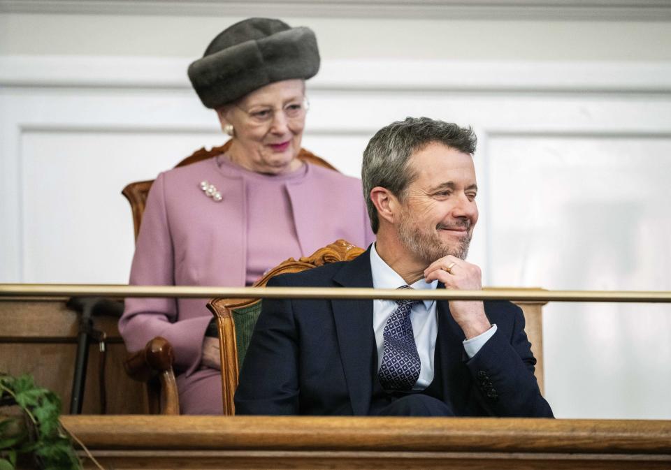 Denmark's King Frederik X and Queen Margrethe attend Folketingsalen, the Danish Parliament, at Christiansborg Castle, in Copenhagen, Monday, Jan. 2024. Denmark’s new King Frederik X has visited the Danish parliament on his first formal day on the job. His mother, Queen Margrethe, abdicated on Sunday after 52 years on the throne, the first Danish monarch to do so in nearly 900 years. (Ida Marie Odgaard/Ritzau Scanpix via AP)