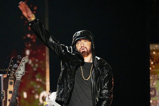 <p>Jeff Kravitz/FilmMagic)</p> Eminem performs on stage during the 37th Annual Rock & Roll Hall Of Fame Induction Ceremony at Microsoft Theater on November 05, 2022 in Los Angeles, California