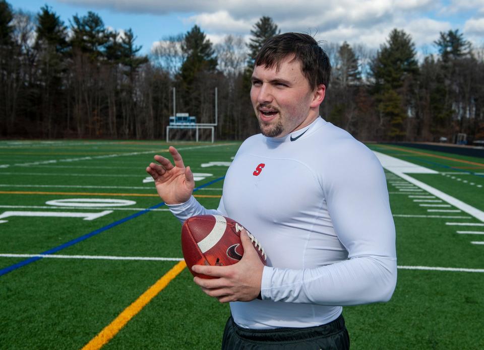 Otto Zaccardo, a 2015 Lincoln-Sudbury Regional High School graduate who played football at Syracuse University, traveled to Houston to try out for the United States Football league (USFL) this weekend. Here is Zaccardo working out at Myers Field in Sudbury on Feb. 14, 2023.