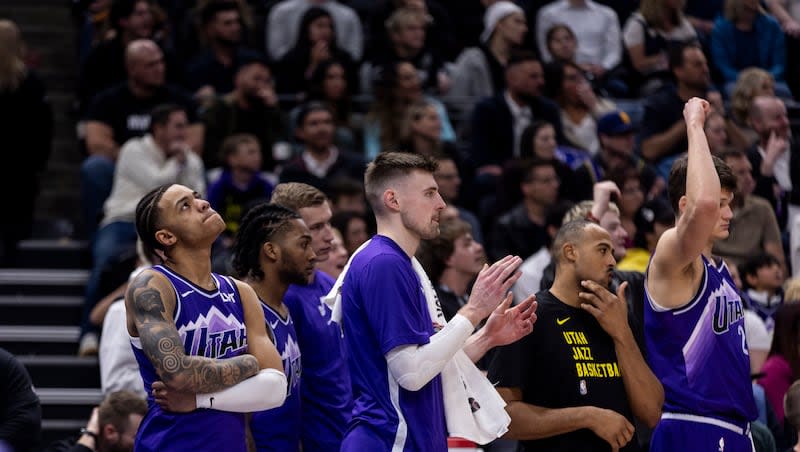 The Utah Jazz stands on the sidelines after losing a game against the Houston Rockets by one point at the Delta Center in Salt Lake City on Friday, March 29, 2024.