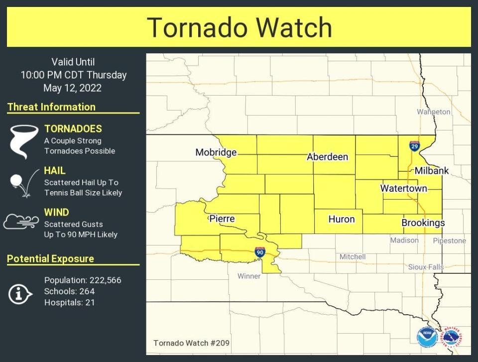Tornado watch issued for Thursday until 10 p.m. includes Watertown, Brookings, Aberdeen and Pierre.