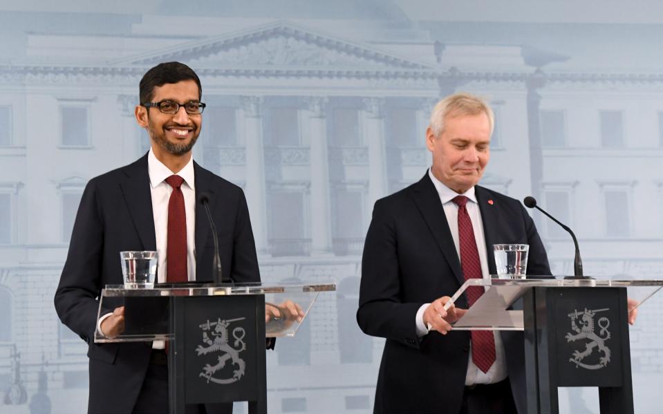 Finland Prime Minister Antti Rinne, right, and Google CEO Sundar Pichai take part in a joint press conference in Helsinki, Finland, Friday Sept. 20, 2019. (Jussi Nukari/Lehtikuva via AP)