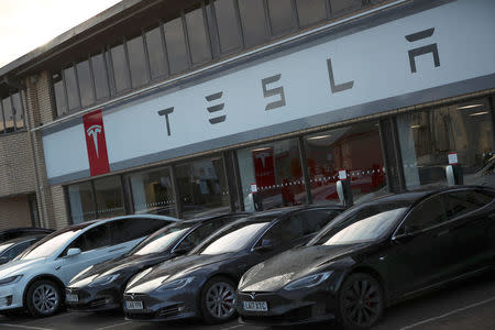 A Tesla dealership is seen in West Drayton, just outside London, Britain, February 7, 2018. REUTERS/Hannah McKay