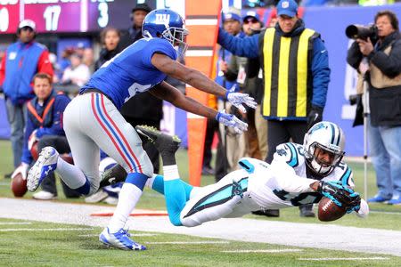 Dec 20, 2015; East Rutherford, NJ, USA; Carolina Panthers wide receiver Corey Brown (10) dives but comes up a yard short of the pylon against New York Giants corner back Dominique Rodgers-Cromartie (41) during the third quarter at MetLife Stadium. Mandatory Credit: Brad Penner-USA TODAY Sports