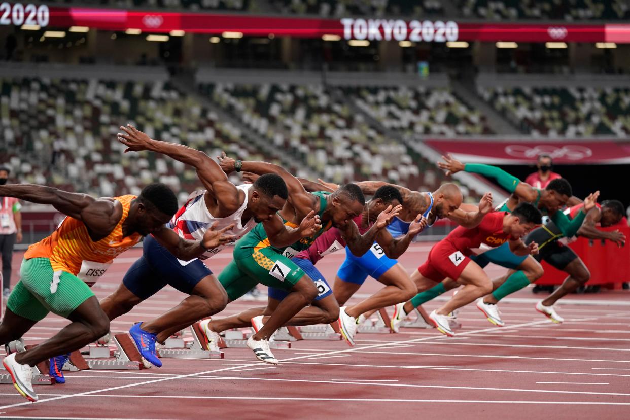 Competitors start in the third semifinal of the men's 100-meters at the 2020 Summer Olympics, Sunday, Aug. 1, 2021, in Tokyo.