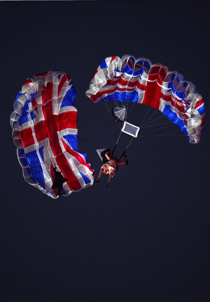 <p>Though the evening was filled with many spectacles, one of the most memorable was the parachuting "Queen Elizabeth" and "James Bond" performers.</p>