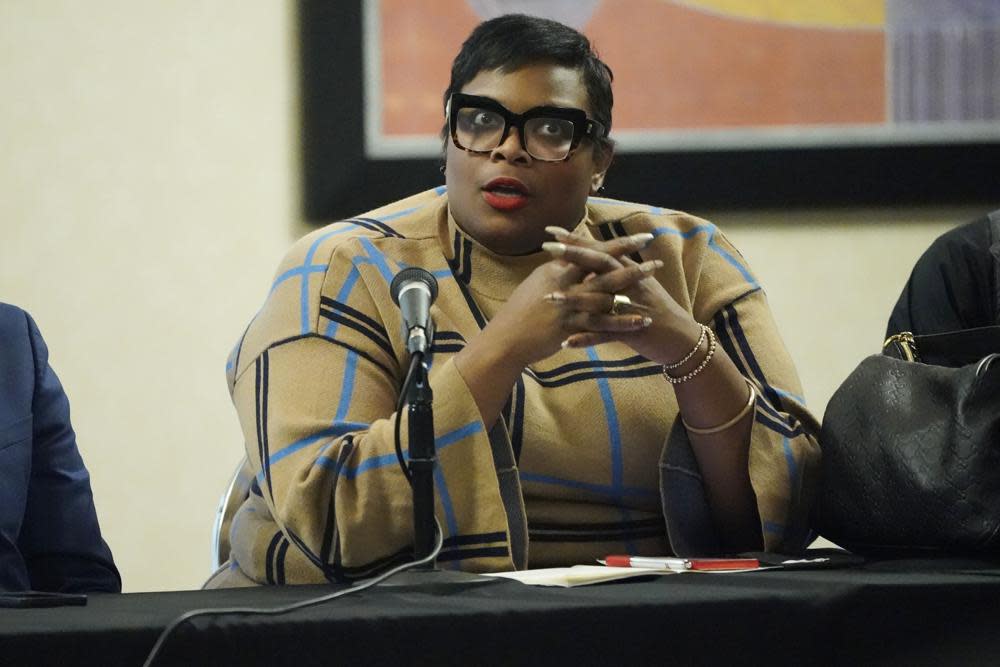 Waikinya Clanton, Mississippi director for the Southern Poverty Law Center, speaks on Nov. 15, 2022, at Jackson State University about proposals to improve the troubled water system in Jackson, Miss. (AP Photo/Rogelio V. Solis, File)