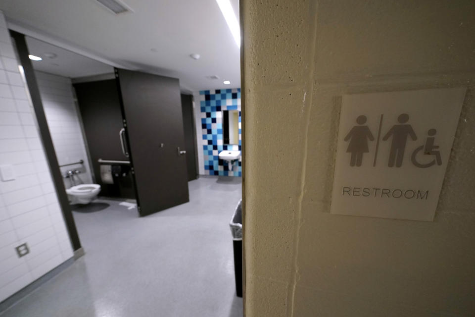 A newly-constructed gender neutral bathroom is seen at Shawnee Mission East High School, Friday, June 16, 2023, in Prairie Village, Kan. (AP Photo/Charlie Riedel)