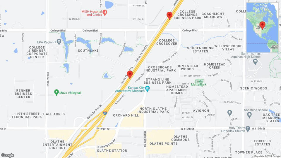 A detailed map that shows the affected road due to 'Heavy rain prompts traffic advisory on eastbound I-35 in Olathe' on May 31st at 3:53 p.m.