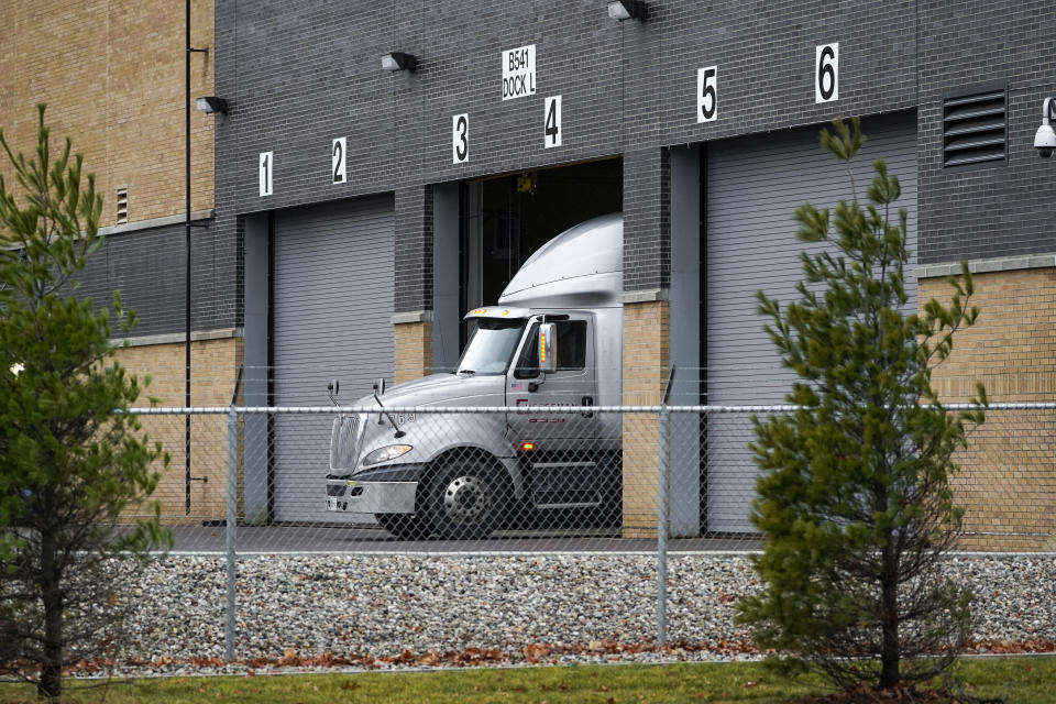 A truck is shown at the Pfizer Global Supply Kalamazoo manufacturing plant in Portage, Mich., Saturday, Dec. 12, 2020. (AP Photo/Paul Sancya)