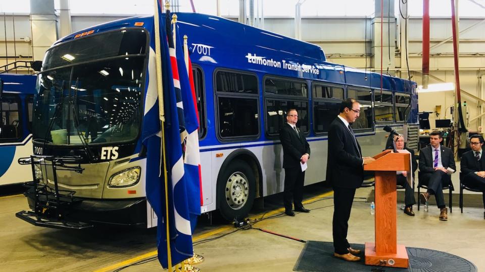 Federal Instructure Minister Amarjeet Sohi speaks Friday at a funding announcement that will see Edmonton purchase up to 40 electric buses.