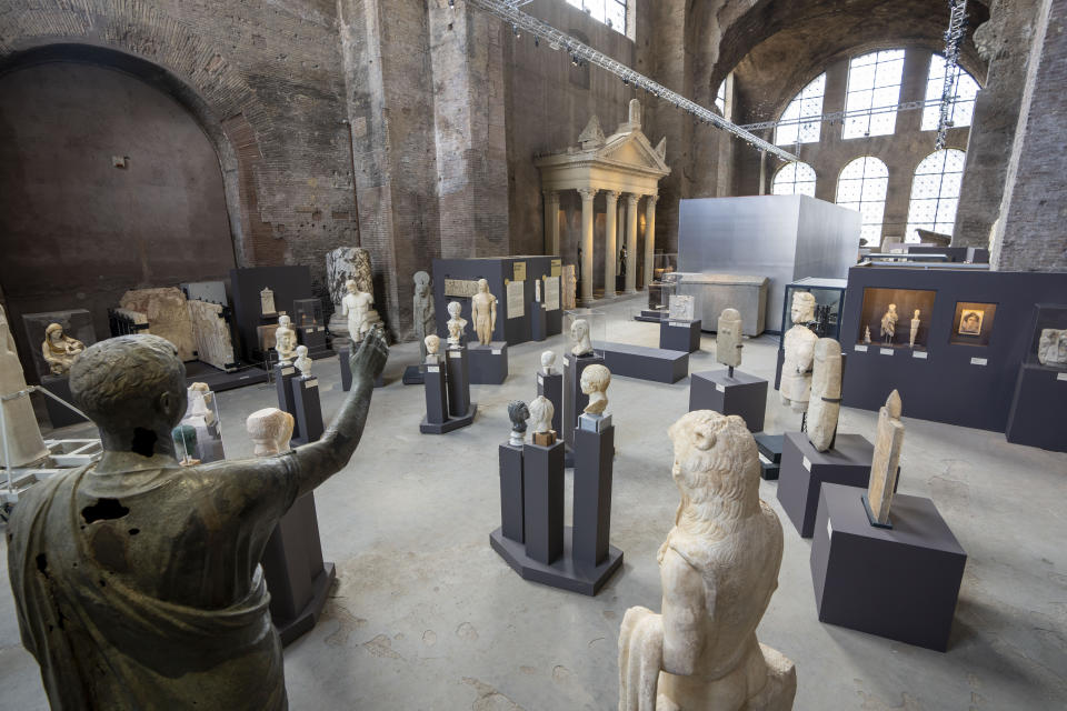 A view of the exhibition 'Between us and the ancients. The instant and eternity' in Rome's Diocletian Baths, Wednesday, May 3, 2023. The exhibition will open to the public from May 4 through July 30, 2023. (AP Photo/Domenico Stinellis)