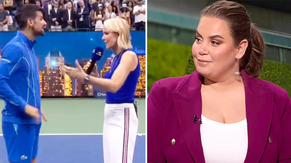Jelena Dokic, pictured here alongside Rennae Stubbs and Novak Djokovic at the US Open.