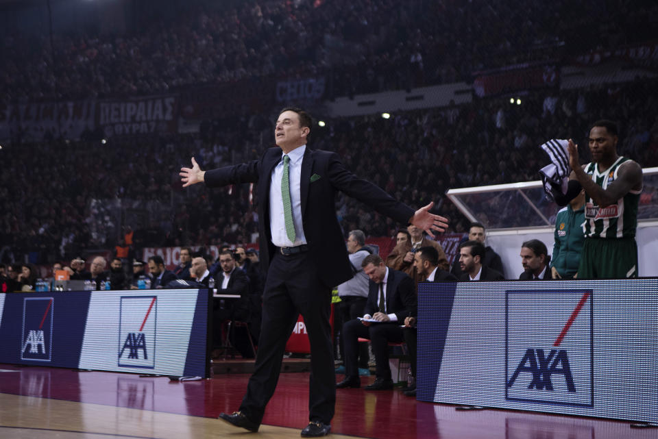 Panathinaikos coach Rick Pitino reacts during a Euroleague basketball match between Panathinaikos and Olympiakos in Piraeus near Athens, on Friday, Jan. 4, 2019. (AP Photo/Petros Giannakouris)