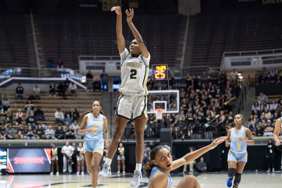Purdue Boilermakers guard Rashunda Jones (2) shakes a defender and rises up for a long distance jumper during the NCAA women’s basketball game against the Southern Jags, Sunday, Nov. 12, 2023, at Mackey Arena in West Lafayette, Ind. Purdue won 67-50.