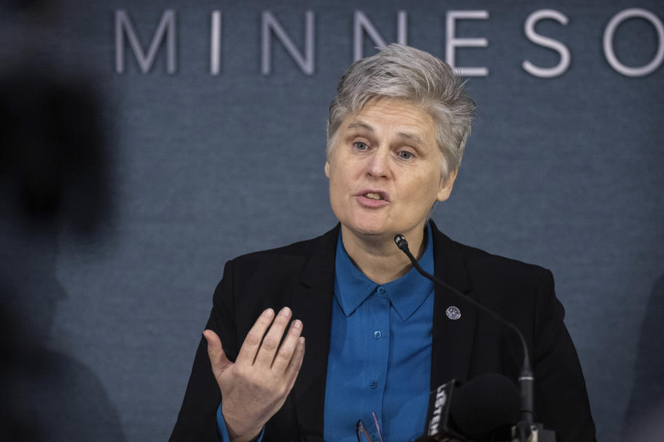 Hennepin County Attorney Mary Moriarty speaks during a news conference, Wednesday Jan. 24, 2024 in Minneapolis, Minn. A Minnesota State Patrol trooper has been charged with murder in the shooting of motorist Ricky Cobb II after he refused to get out of his car during a July traffic stop. Trooper Ryan Londregan is charged with second-degree unintentional murder, first-degree assault and second degree manslaughter in the death of Cobb, a 33-year-old Black man. (Jerry Holt/Star Tribune via AP)